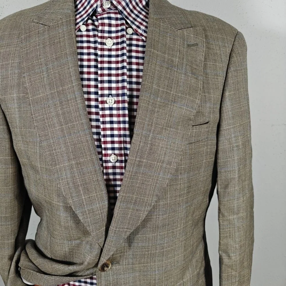 Apollo King Men's Sport Coat Blazer Single Button Brown Plaid 150s Wool Peak 42R